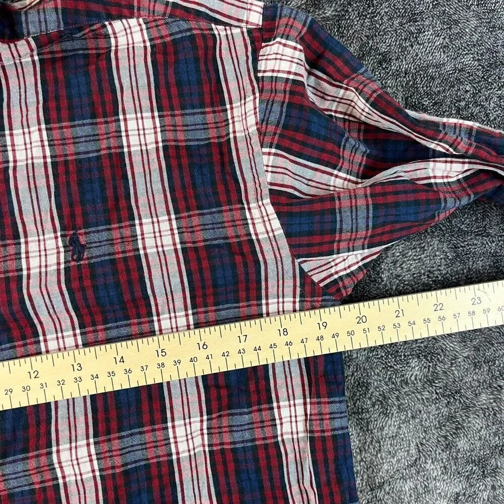 Ralph Lauren Button Up Boys L Long Sleeve Plaid Red Blue Pony Cotton